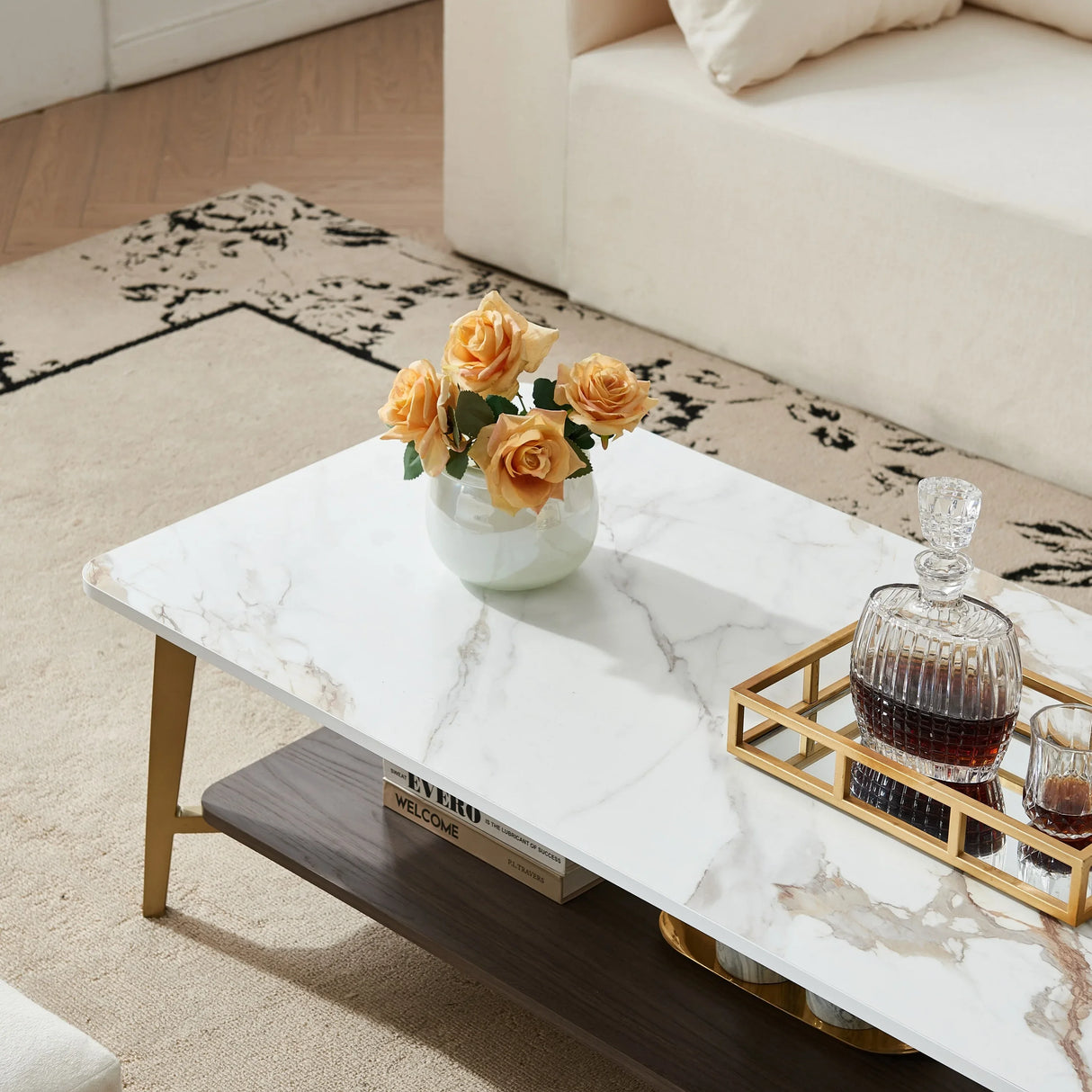 Golden White MDF Metal Frame Rectangular Coffee Table - Omega Lifestyles