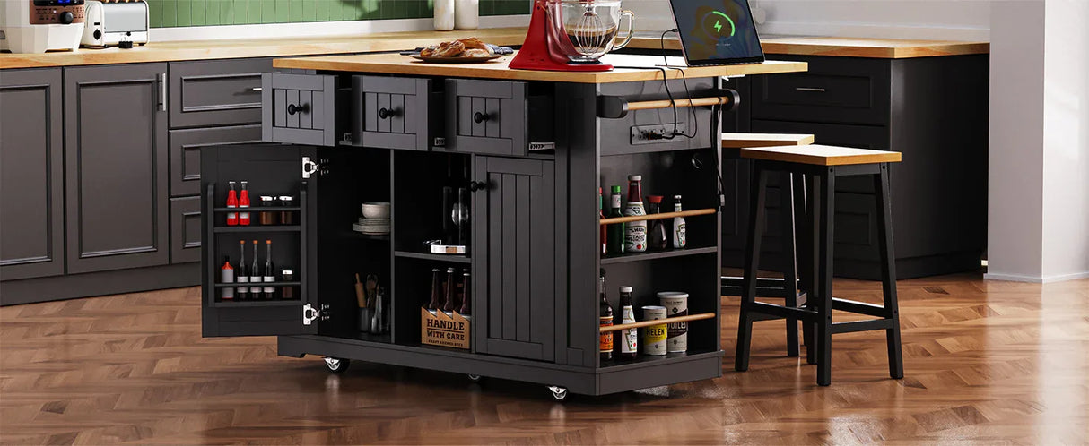 Large Kitchen Island Storage Cart With Bar Stools and Power Outlet - Omega Lifestyles