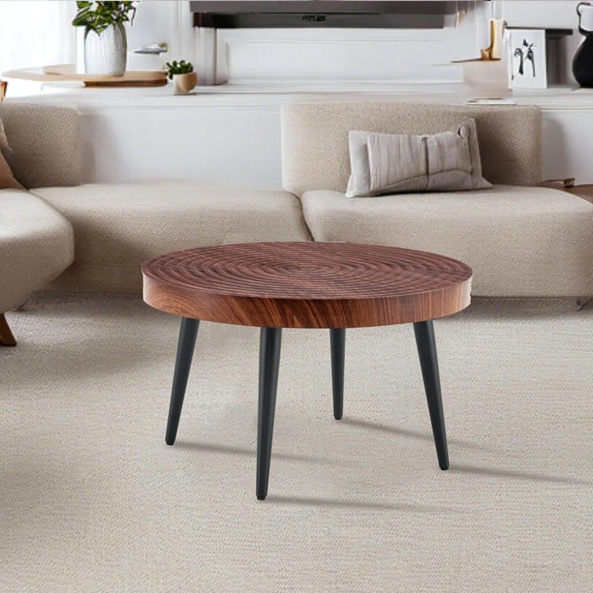 Modern Round MDF And Metal Walnut Coffee Table - Sleep Galleria