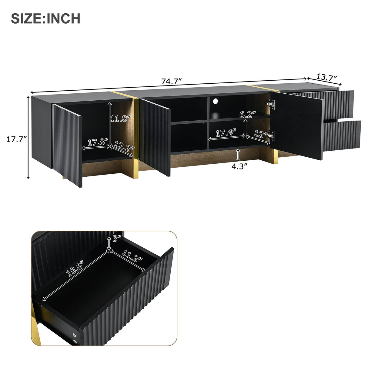 Luxury Fluted Black And Gold TV Stand With Storage - Sleep Galleria
