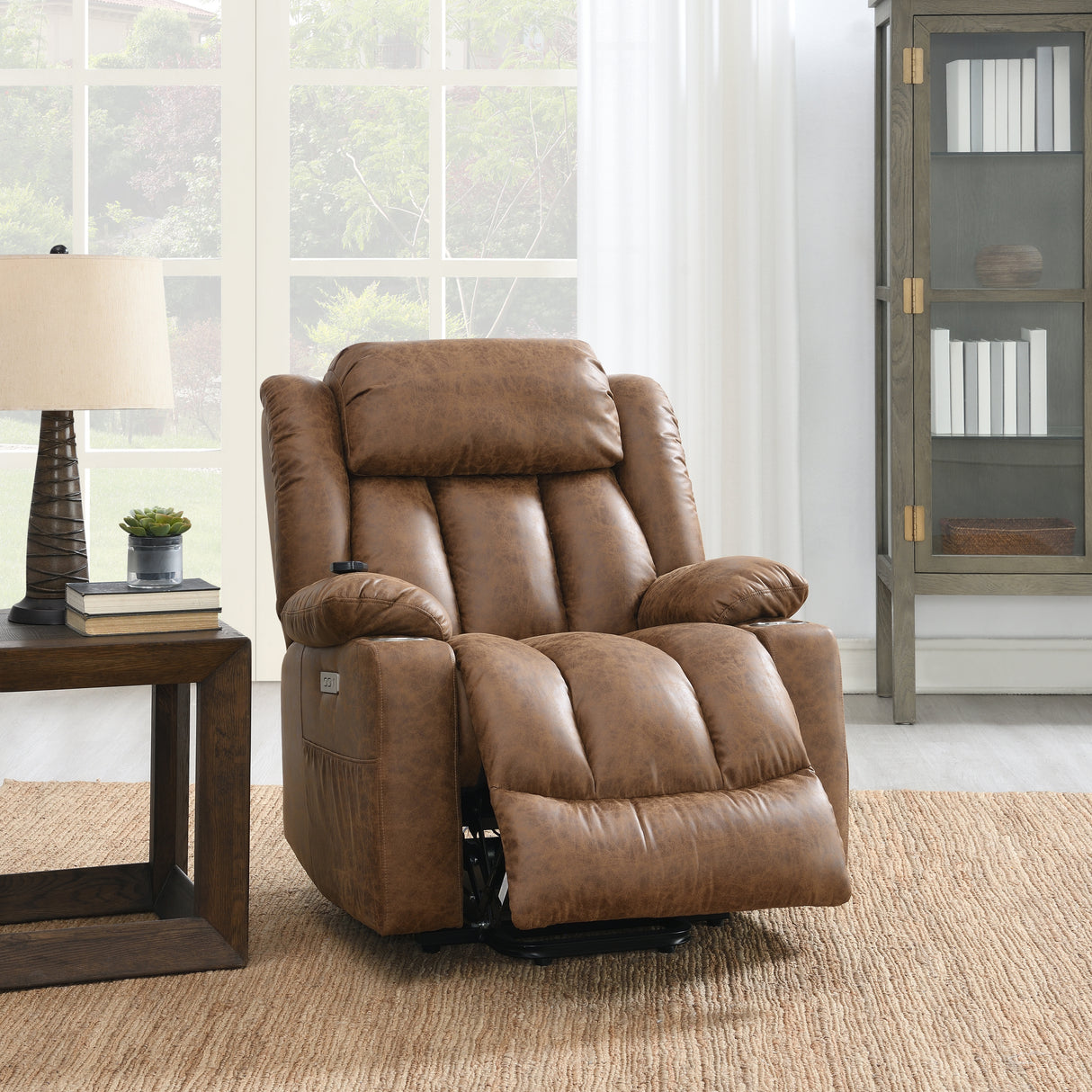 Brown Power Lift Faux Leather Massage Heating Recliner