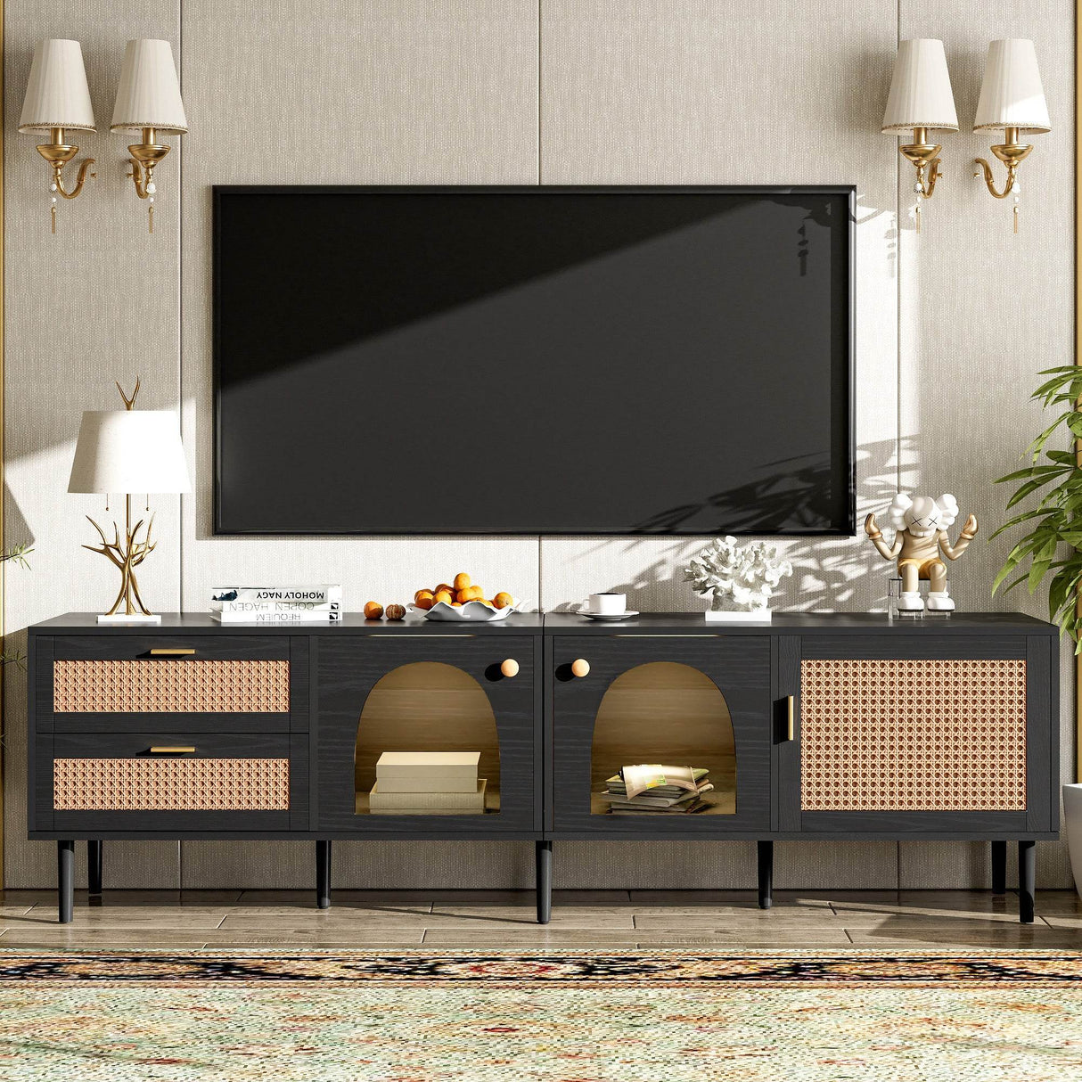 Modern Rattan-Inspired TV Stand With Storage Cabinets - Sleep Galleria