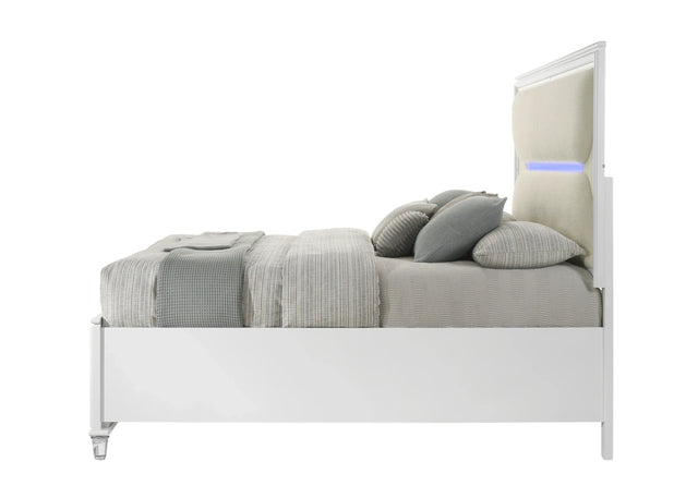 Queen White Boucle Storage Bed Frame With LED Lighting - Omega Lifestyles