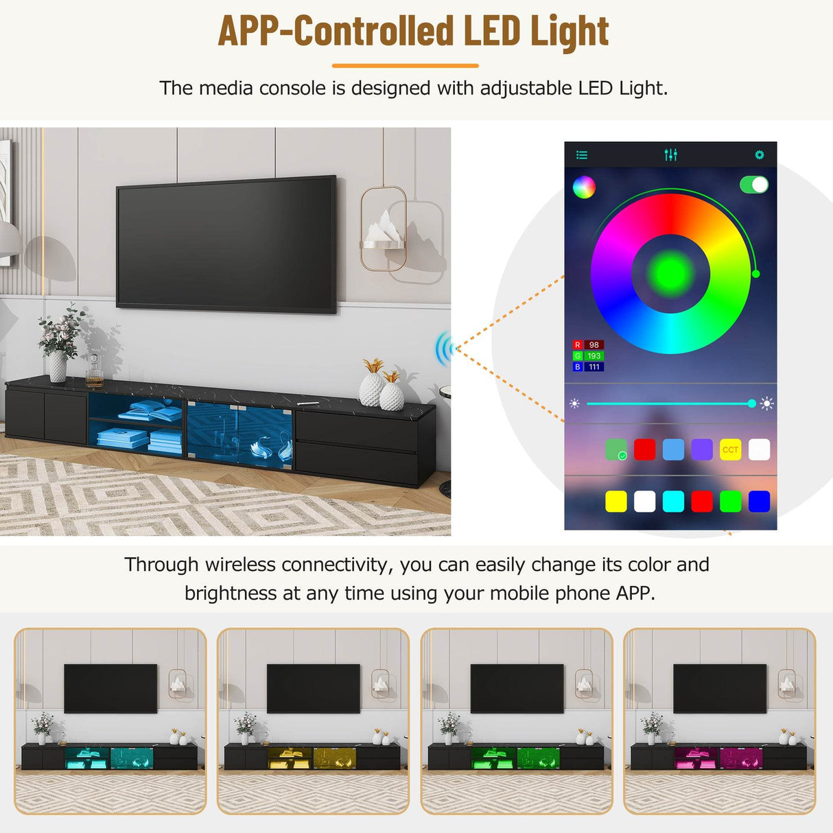 Modern APP Controlled LED Black Marble TV Stand - Sleep Galleria