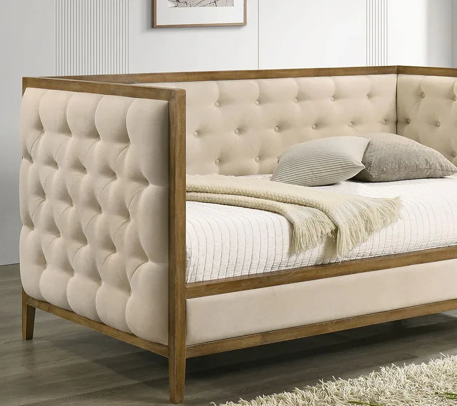 Transitional Twin Mattress Ready Natural Oak Fabric Daybed - Omega Lifestyles