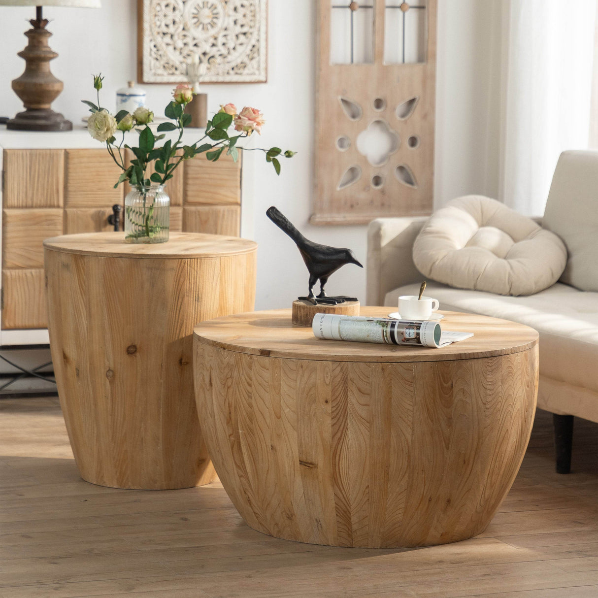 Vintage Fir Wood Barrel Shaped Coffee Table With Storage - Sleep Galleria