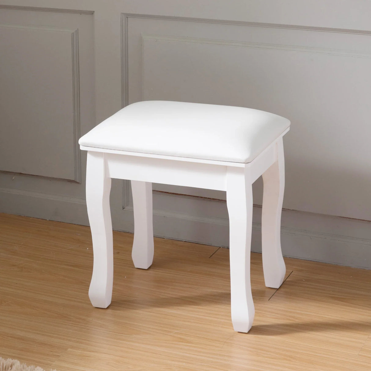 White Solid Wood Vanity Stool With Cushioned Seat - Omega Lifestyles