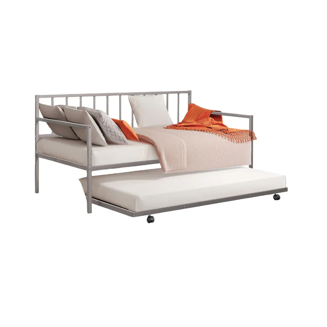 Twin Contemporary Silver Metal Daybed With Trundle Mattress Ready - Omega Lifestyles