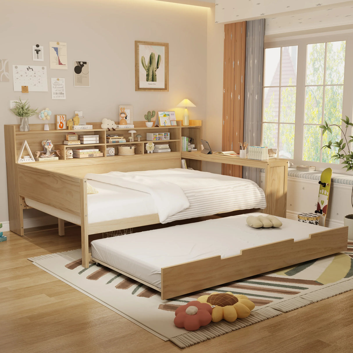 Full Wooden Bed Frame With Trundle Storage And Study Desk - Omega Lifestyles