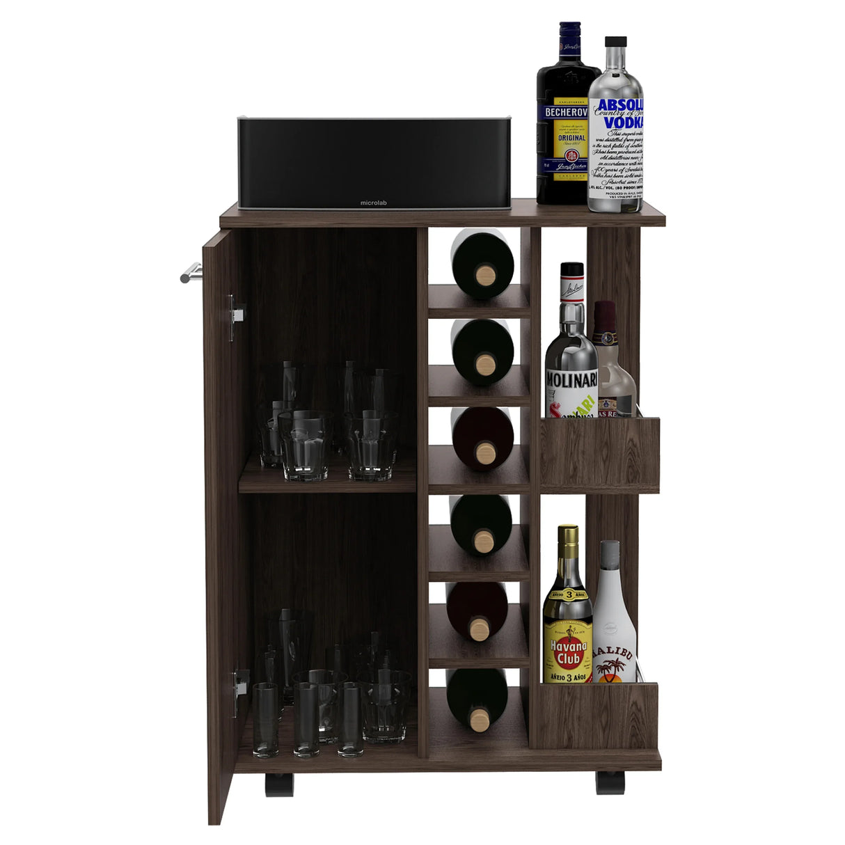 Brown Particle Board Bar Cart With Casters And Shelves - Omega Lifestyles