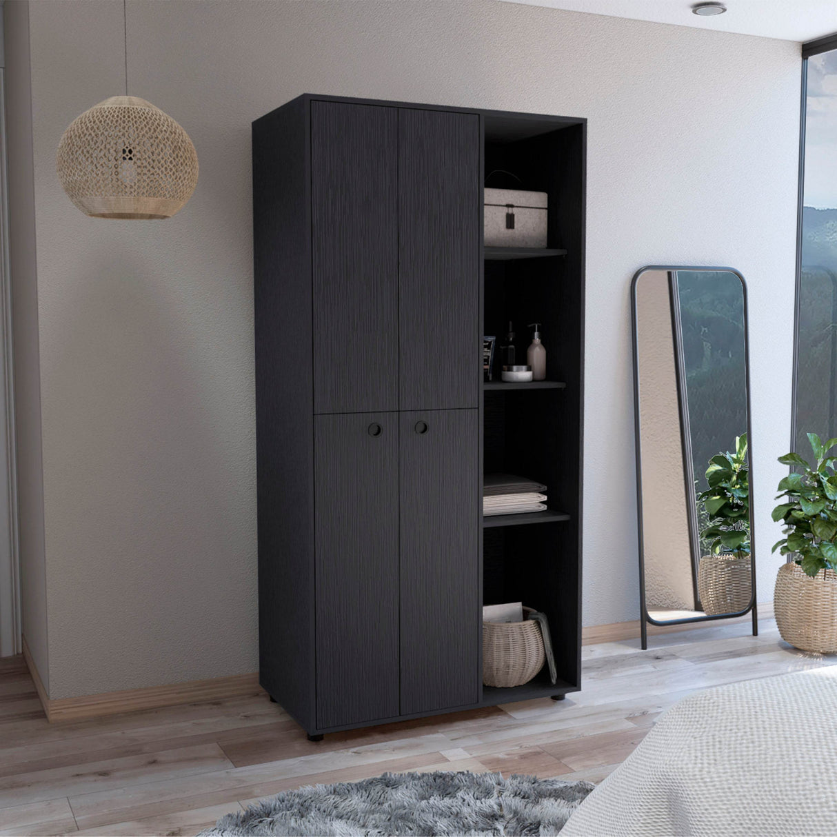 Black Particle Board Bedroom Wardrobe Armoire With Storage