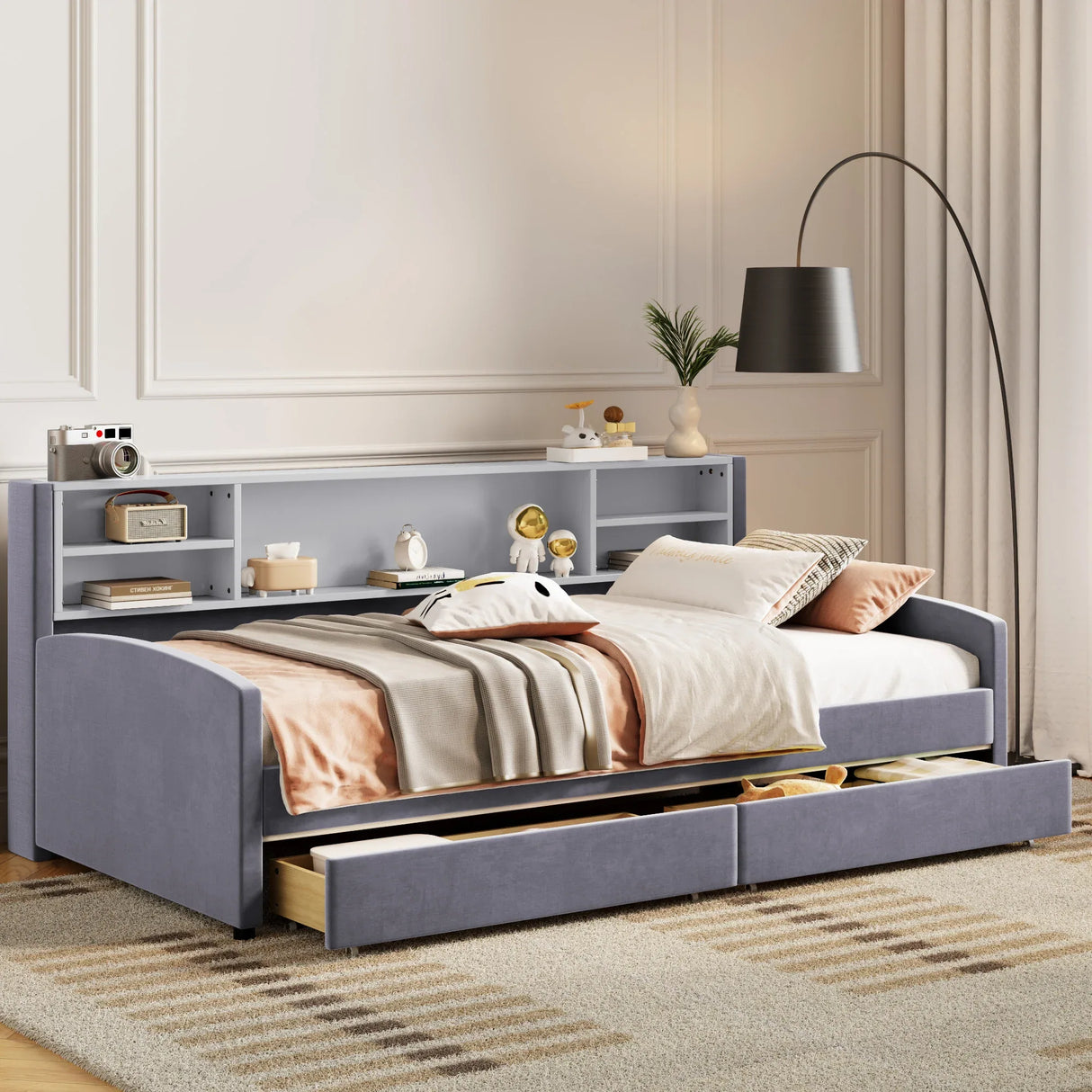 Twin Velvet Upholstered Platform Bed With Storage Drawers - Omega Lifestyles