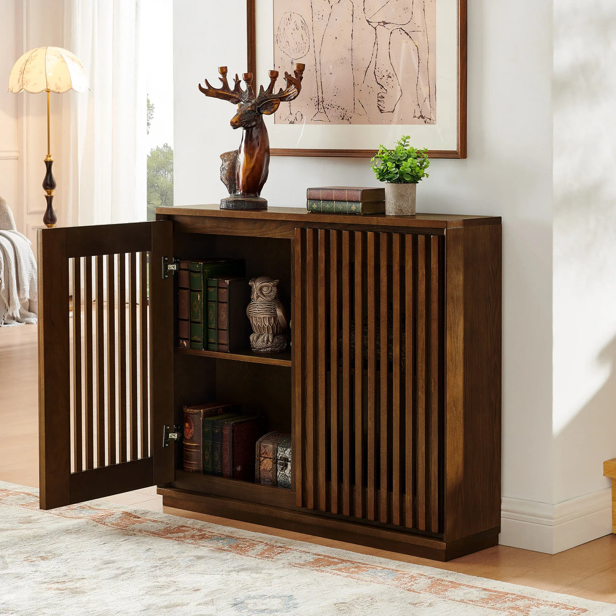 Mid Century Modern Fluted Walnut Solid Wood Sideboard Cabinet - Omega Lifestyles