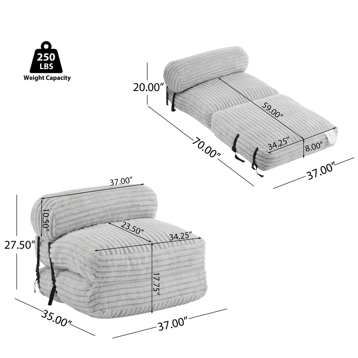 Soft Foldable Light Gray Faux-Fur Bean Bag Lounge Chair - Omega Lifestyles