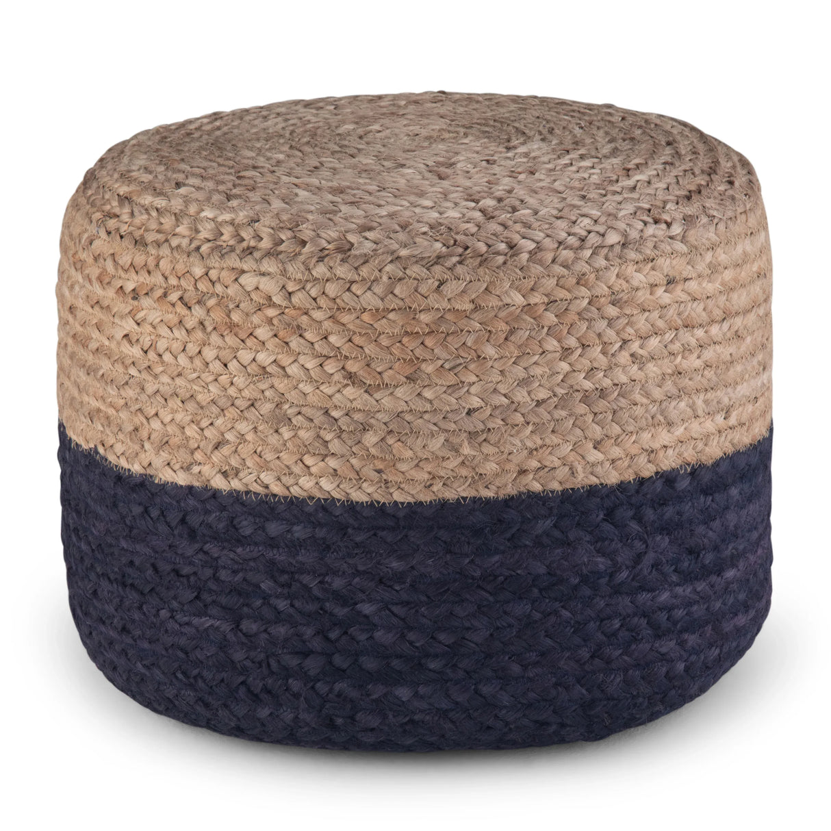 Handcrafted Braided Jute Round Fabric Pouf Navy Natural - Omega Lifestyles