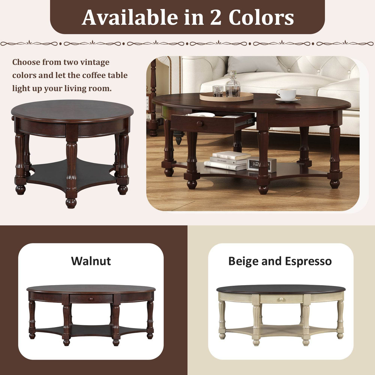 Vintage Oval Coffee Table With Drawer And Storage Shelf - Sleep Galleria