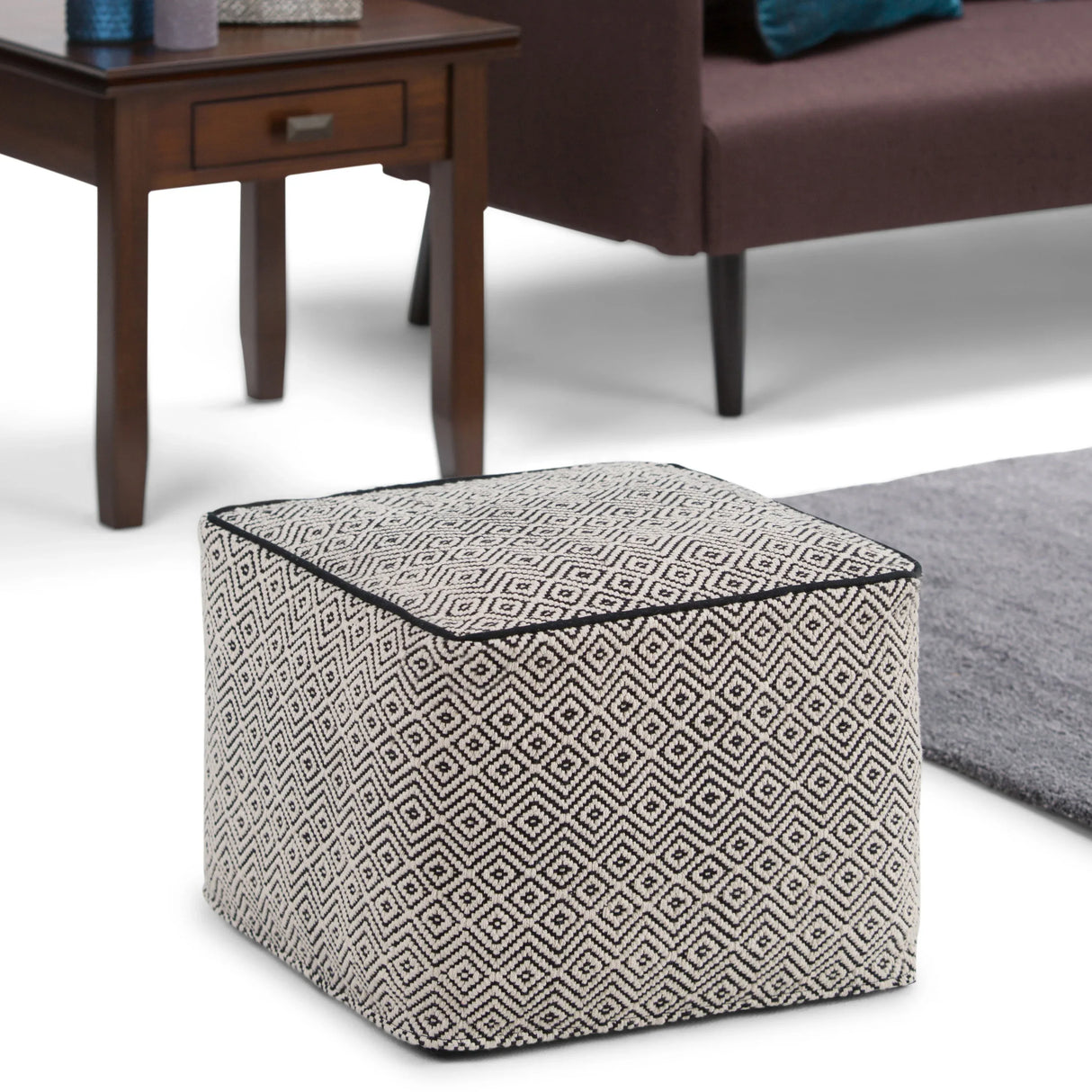 Black Patterned Upholstered Fabric Square Pouf Seating Stool - Omega Lifestyles