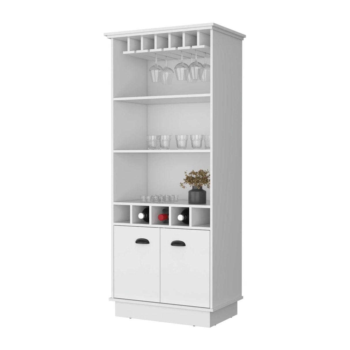 Modern White Bar Cabinet With Glassware And Bottle Racks - Omega Lifestyles