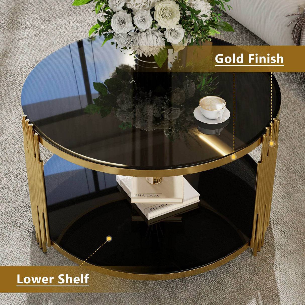 Modern Black Mirror Round Coffee Table With Shelf - Sleep Galleria