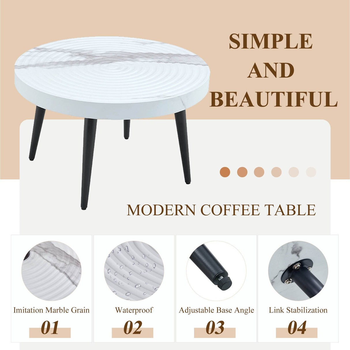 White Marble Pattern Round MDF Metal Coffee Table - Sleep Galleria
