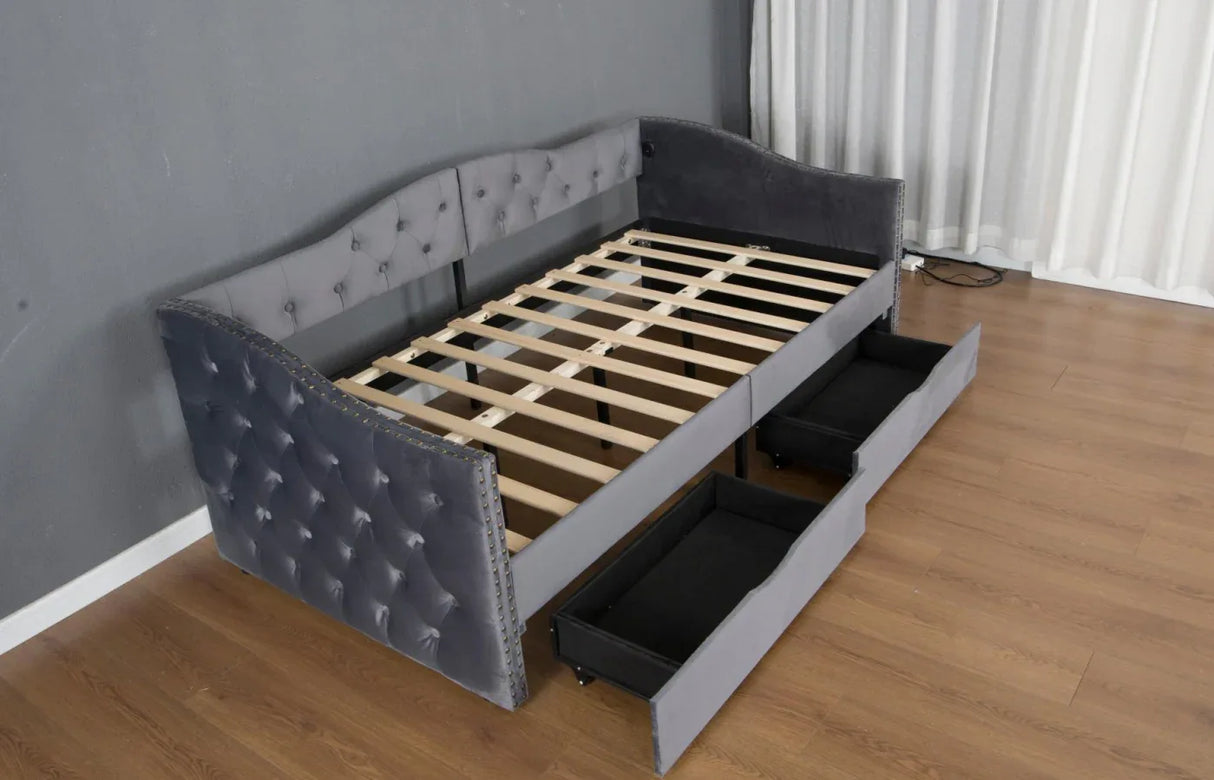 Twin Upholstered Velvet Wood Storage Daybed Frame - Omega Lifestyles