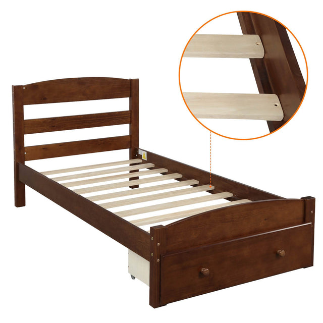 Twin Walnut Solid Wood Platform Bed Frame With Storage Drawer - Omega Lifestyles