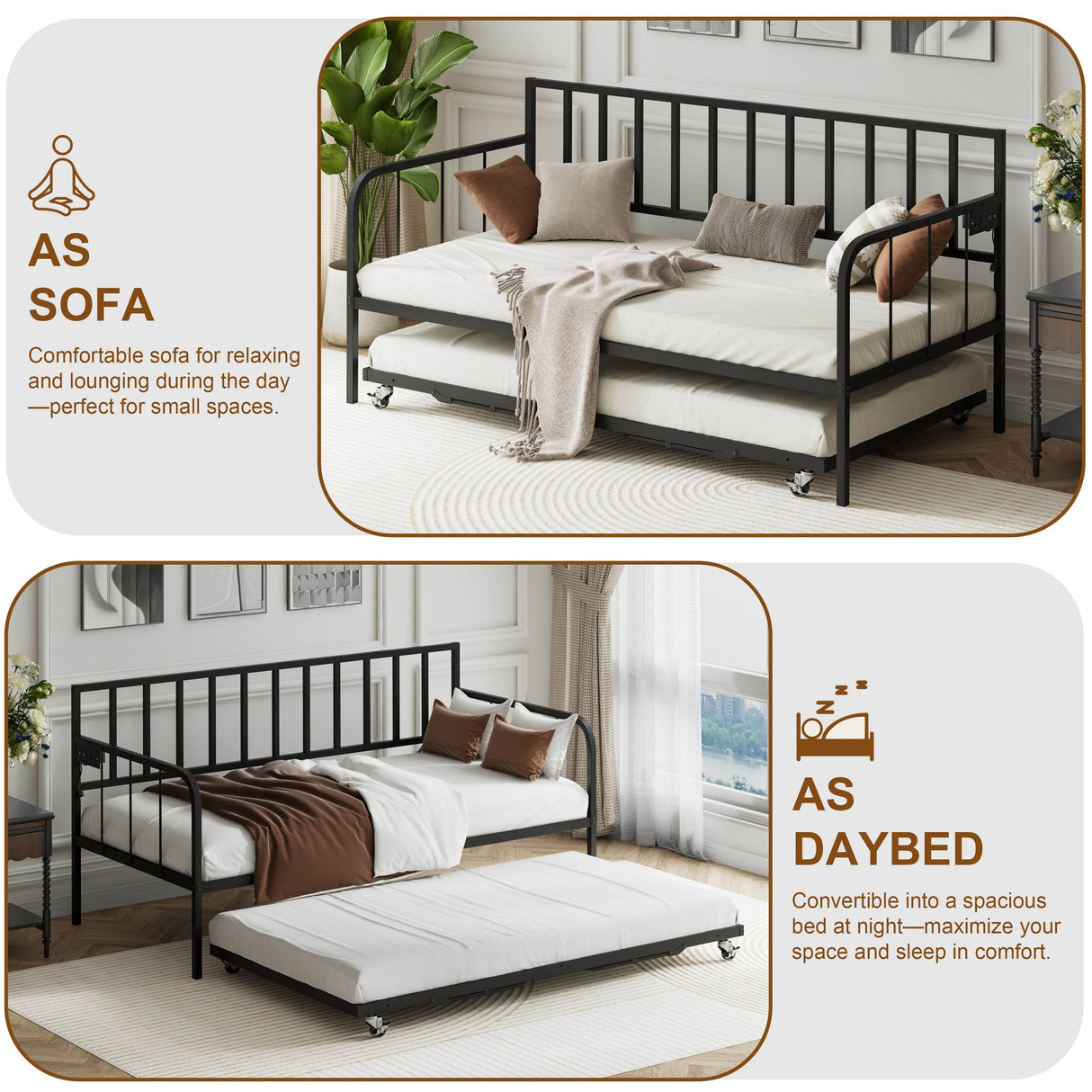 Twin Metal Daybed With Trundle Sofa Bed Frame - Omega Lifestyles