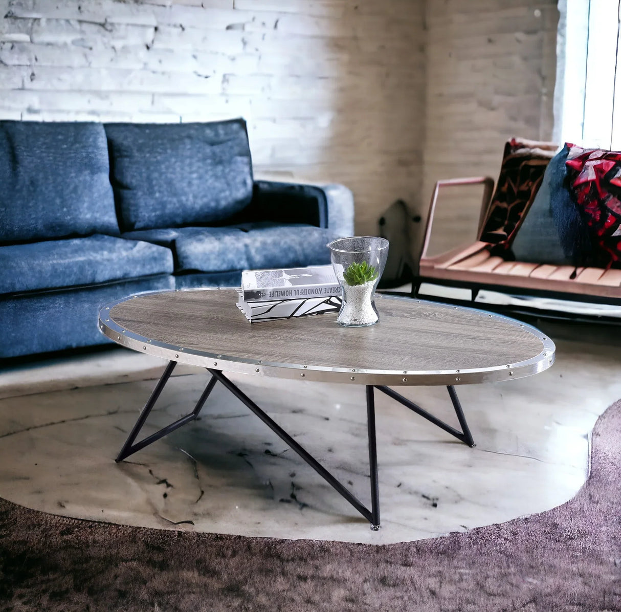 Industrial Oval Wood Top Metal Base Coffee Table - Omega Lifestyles