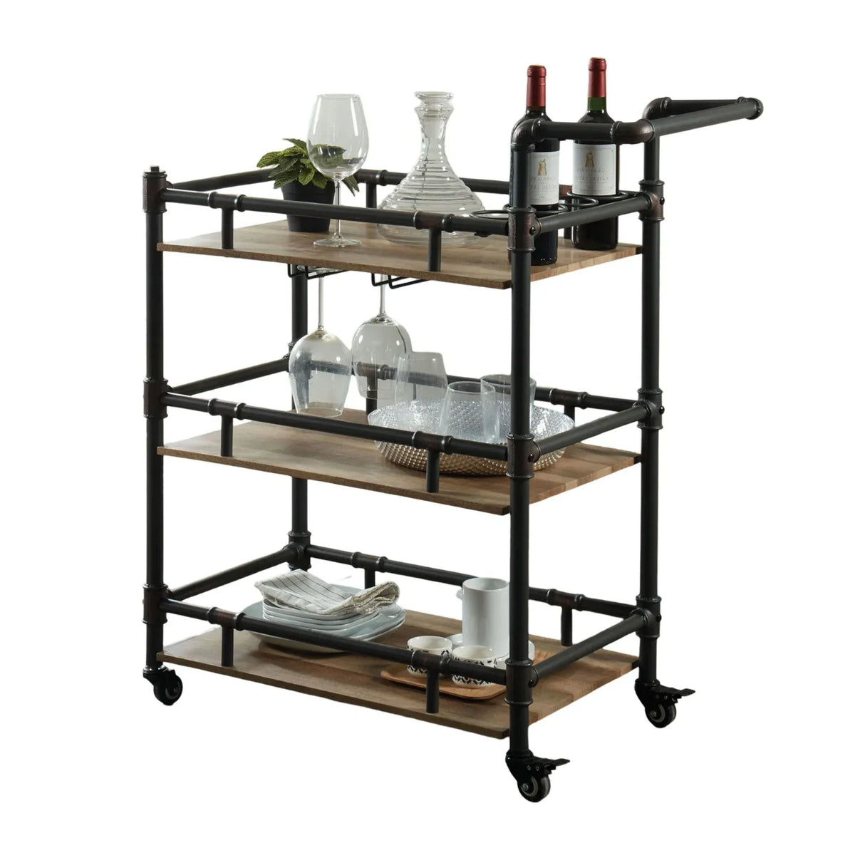 Industrial Style Metal Frame 3-Tier Oak Serving Cart - Omega Lifestyles