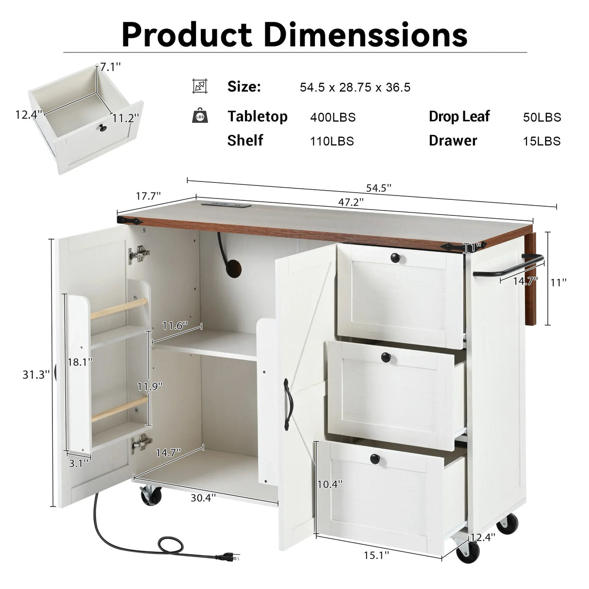Farmhouse Kitchen Island Cart With Power Outlet - Omega Lifestyles