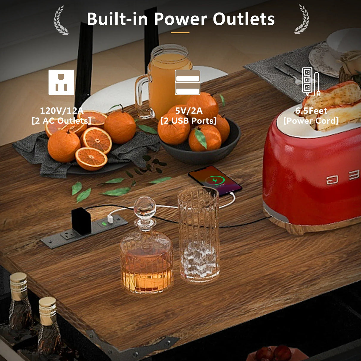 Farmhouse Kitchen Island Rolling Cart With Power Outlet - Omega Lifestyles