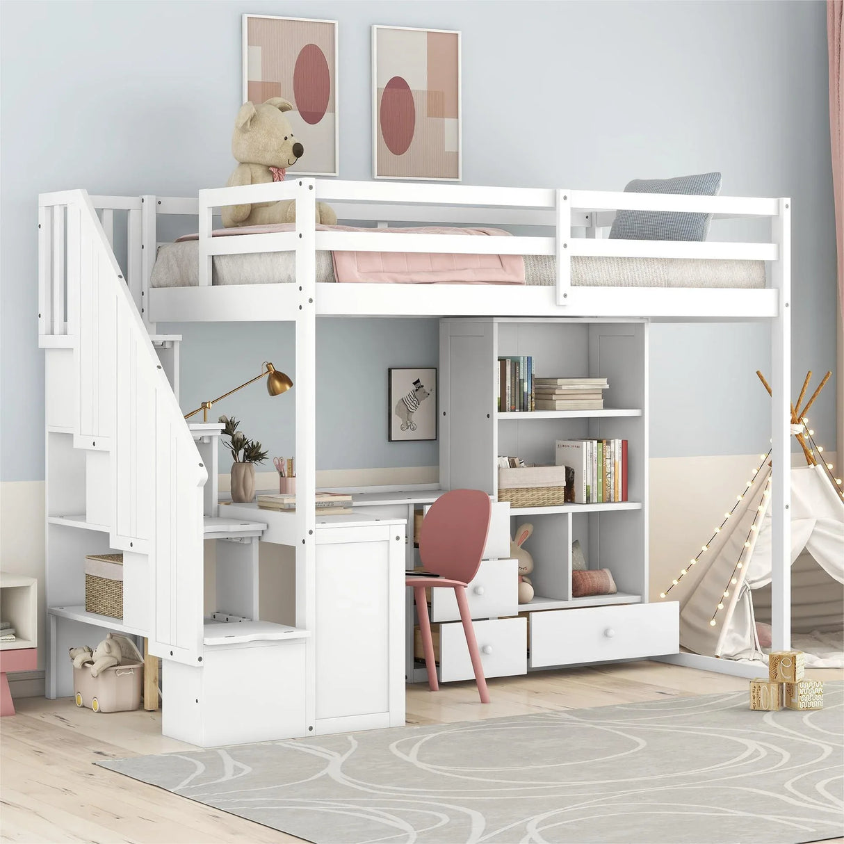 Twin Loft Bed With L-Shaped Desk Drawers Cabinet Staircase - Omega Lifestyles