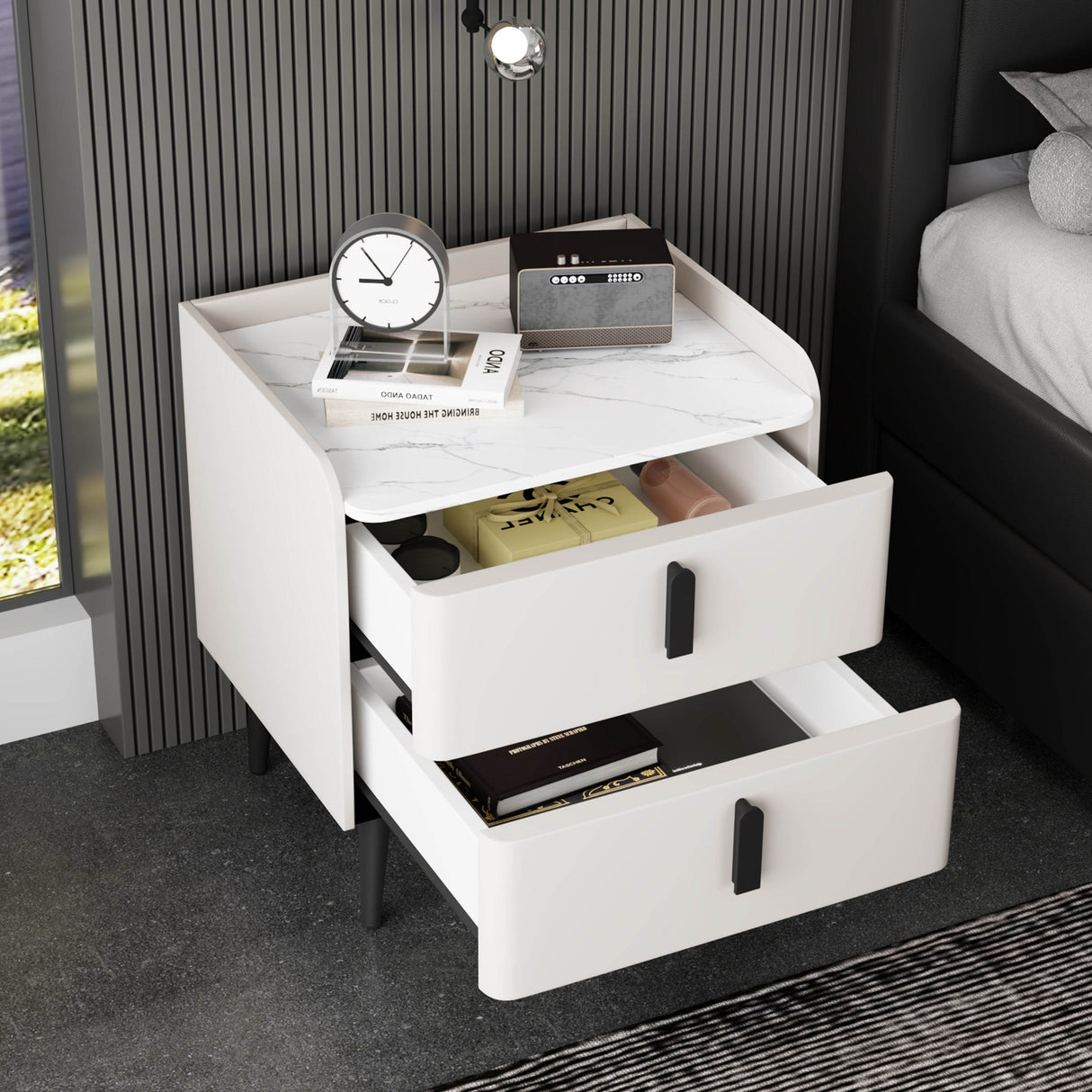 Modern White Nightstand With Marble Top And Drawers