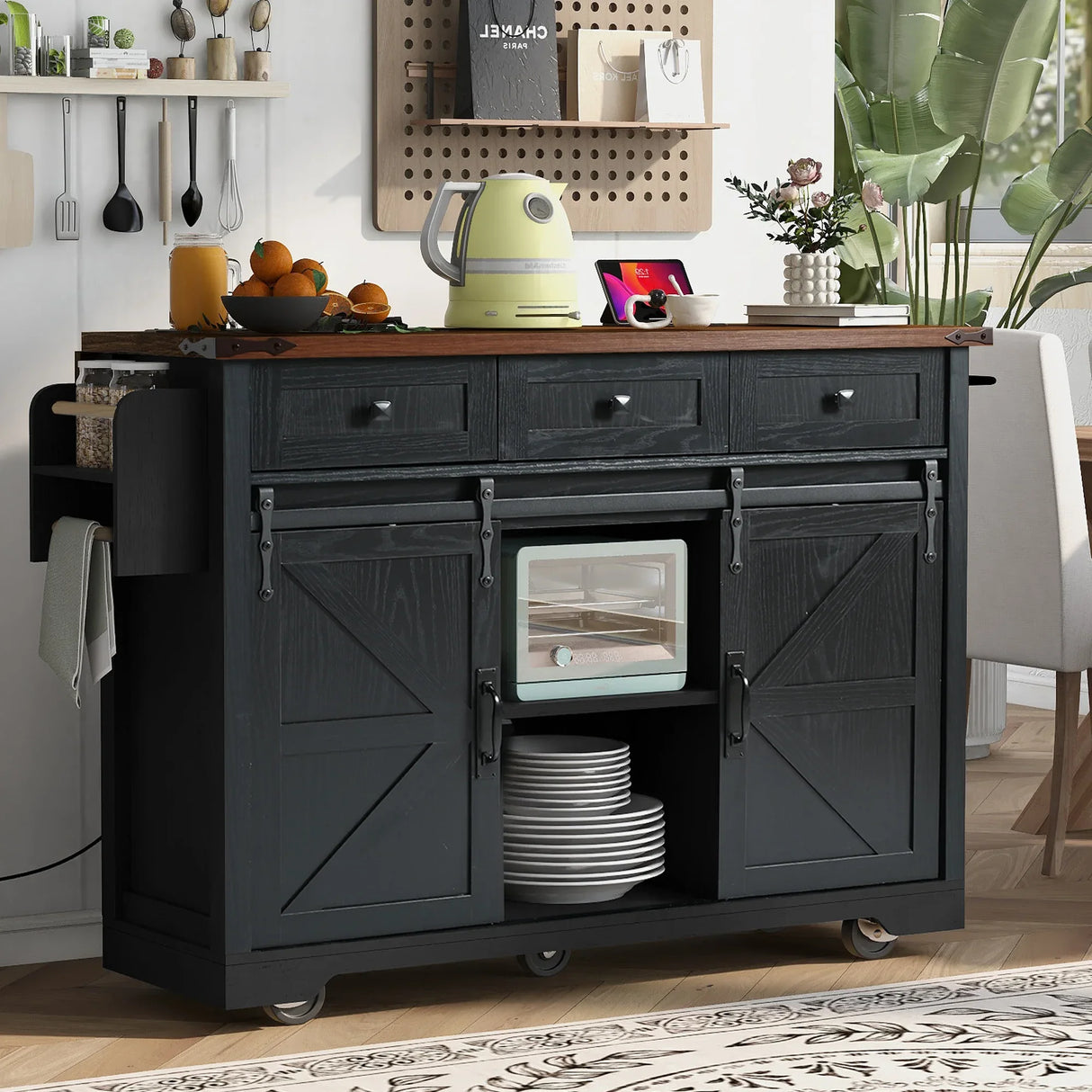 Farmhouse Kitchen Island Rolling Cart With Power Outlet - Omega Lifestyles