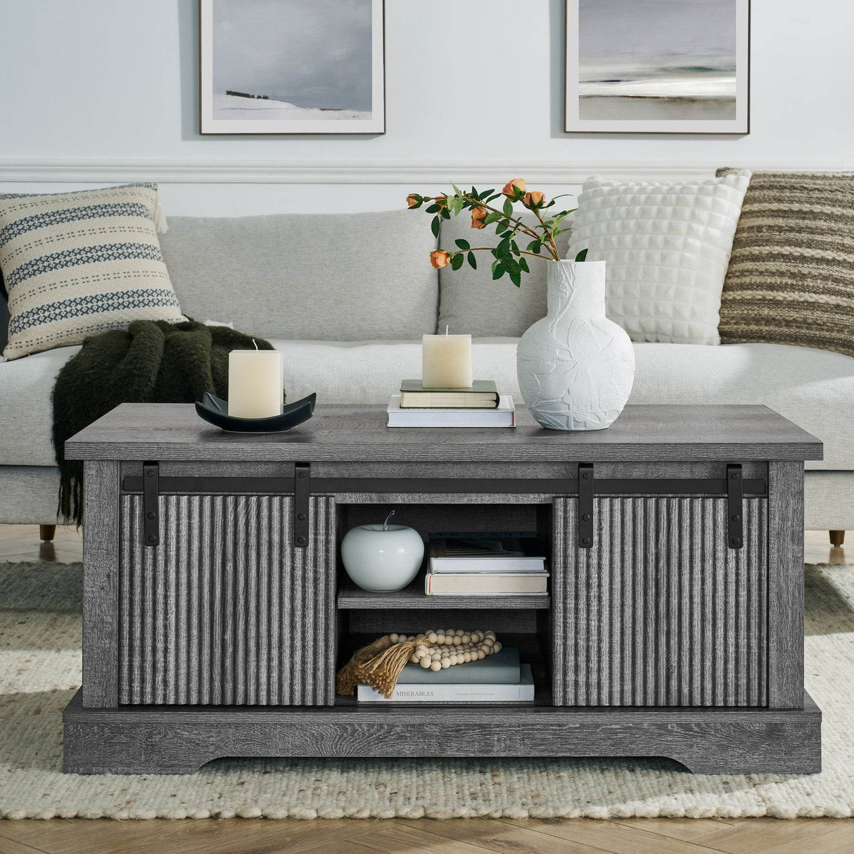 Rustic Grey MDF Sliding Barn Door Coffee Table - Omega Lifestyles