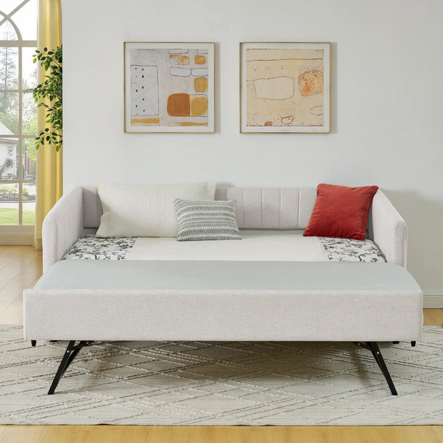 Twin Upholstered Linen Daybed With Functional Trundle - Omega Lifestyles
