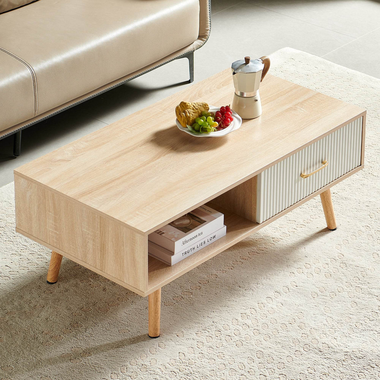 Solid Wood Modern Rectangle Coffee Table With Drawer Storage - Sleep Galleria