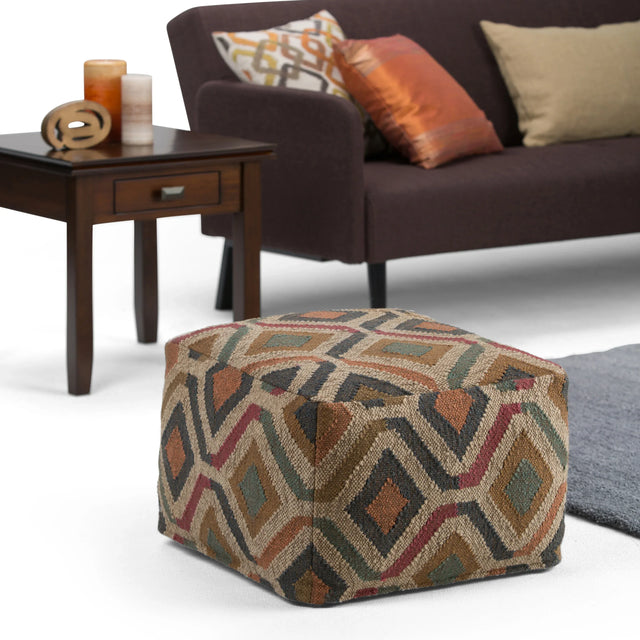 Handcrafted Multi-Color Kilim Pattern Square Pouf - Omega Lifestyles