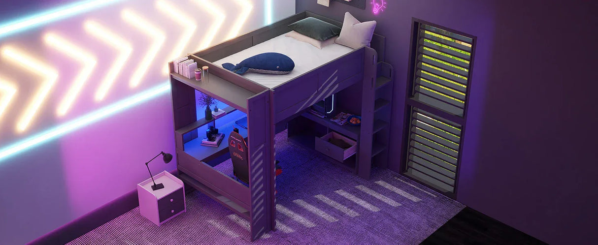 Full Wood Gaming Loft Bed Frame With Desk LED Charging Station - Omega Lifestyles