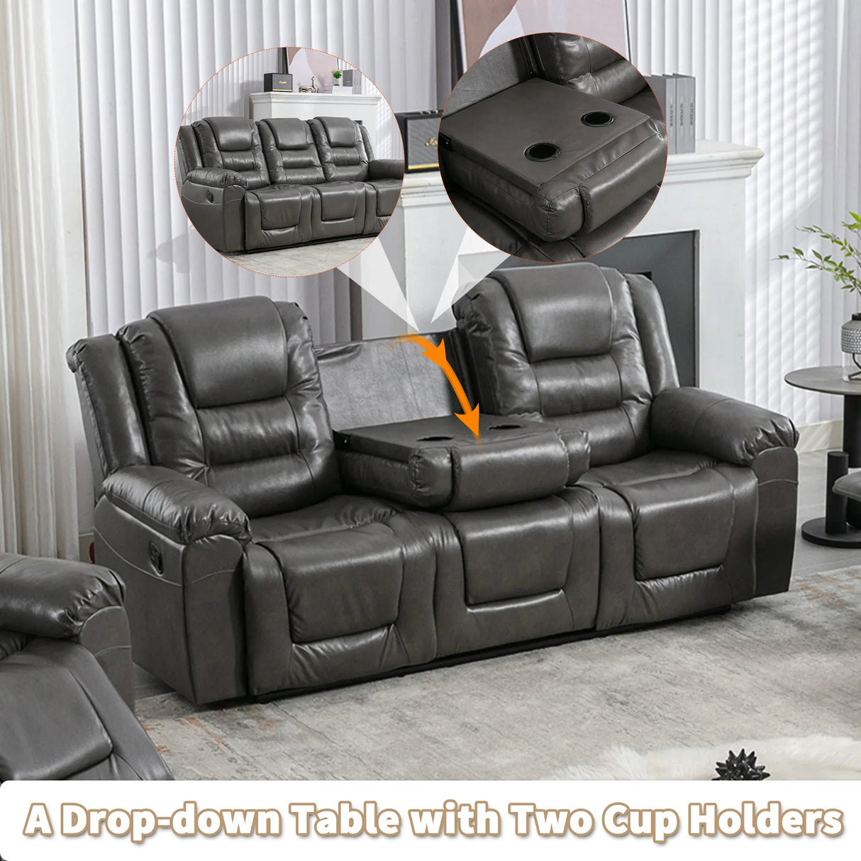Home Theater 3-Seater Manual Recliner Chair With Cup Holders - Omega Lifestyles