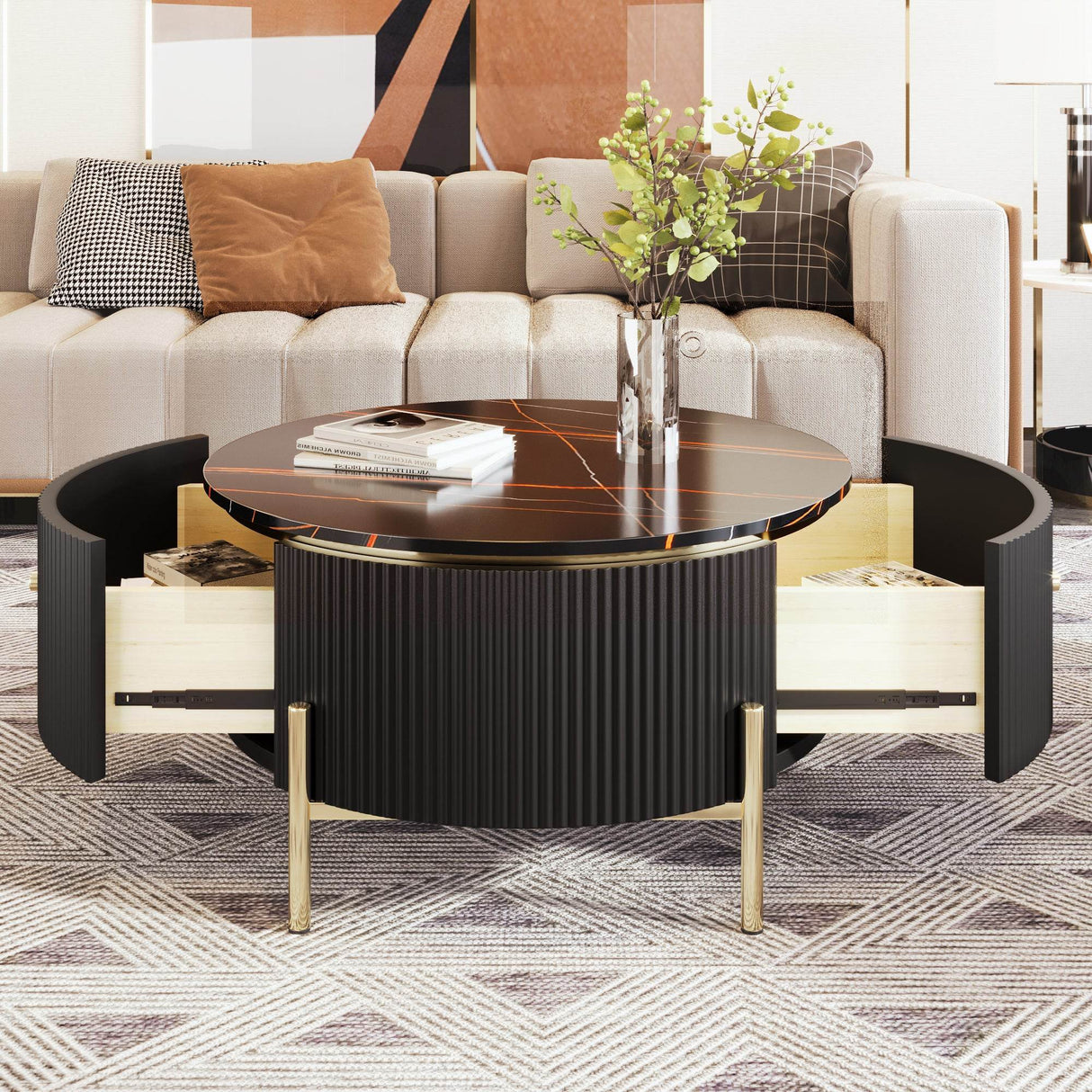 Modern Round Coffee Table With Two Large Drawers - Sleep Galleria