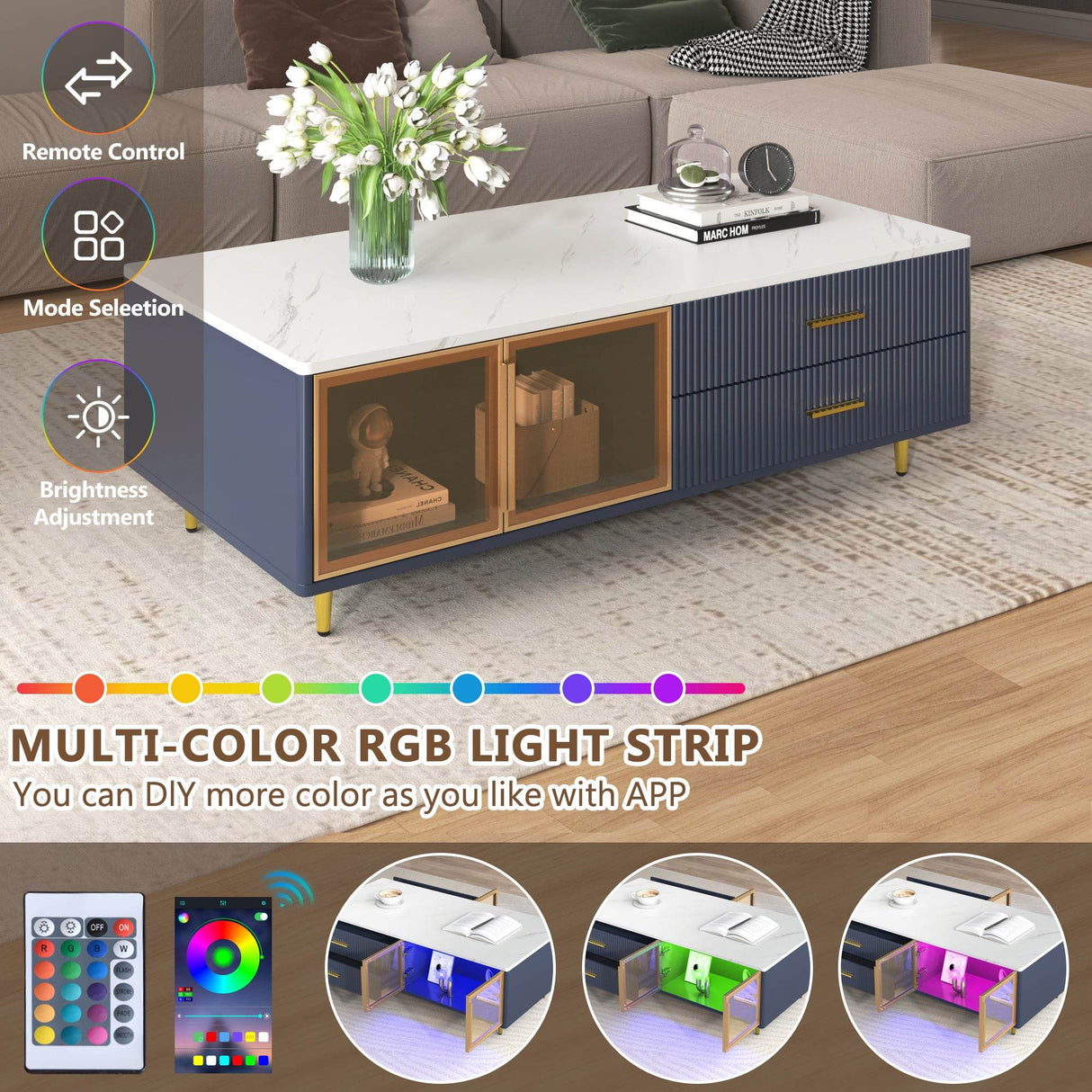 Modern Navy Blue MDF Coffee Table With Drawers Lighting - Sleep Galleria