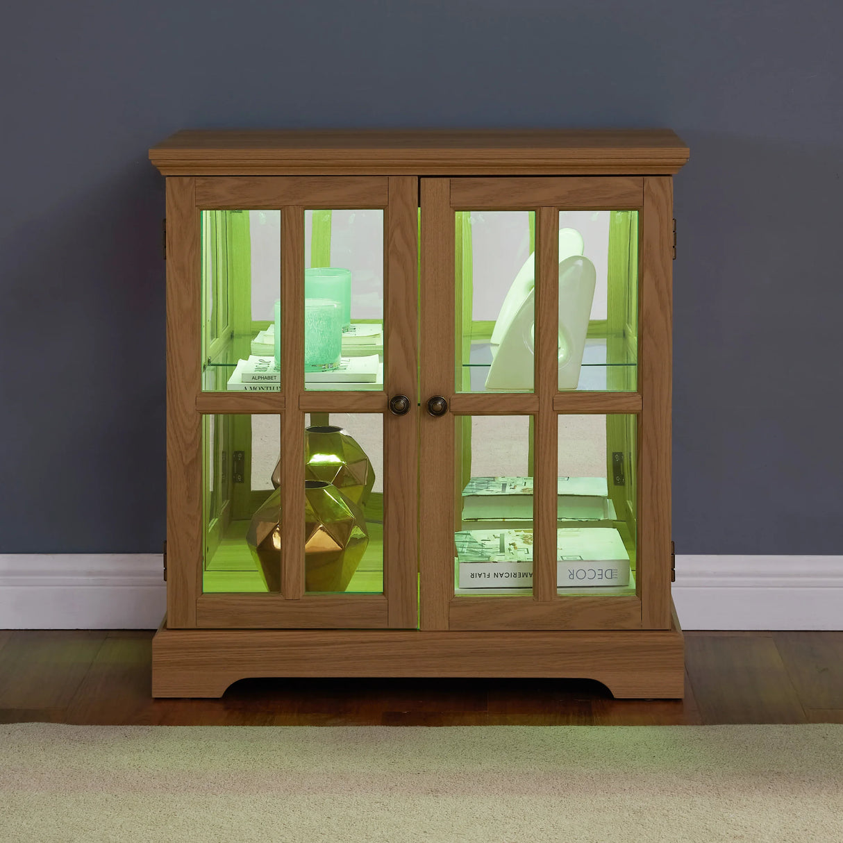 Antique Oak LED Glass Display Cabinet With Adjustable Shelves - Omega Lifestyles