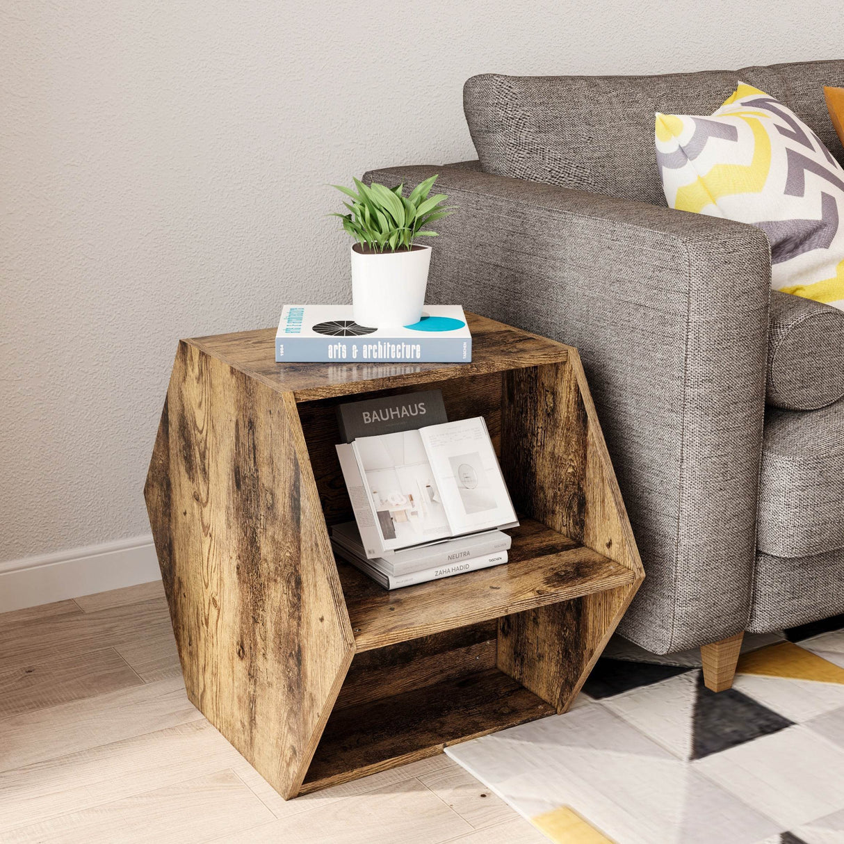 Hexagonal Antique Wood MDF Coffee Table Nightstand - Sleep Galleria