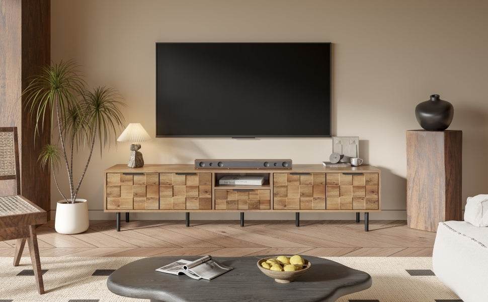 Natural Wood Checkered Pattern TV Stand With Storage - Sleep Galleria