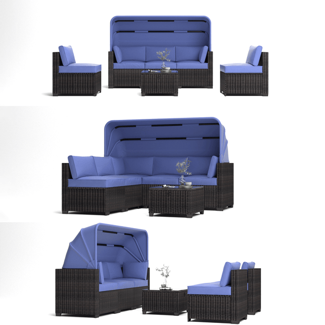 Outdoor Rattan Patio Sofa Set With Canopy And Ottoman - Omega Lifestyles