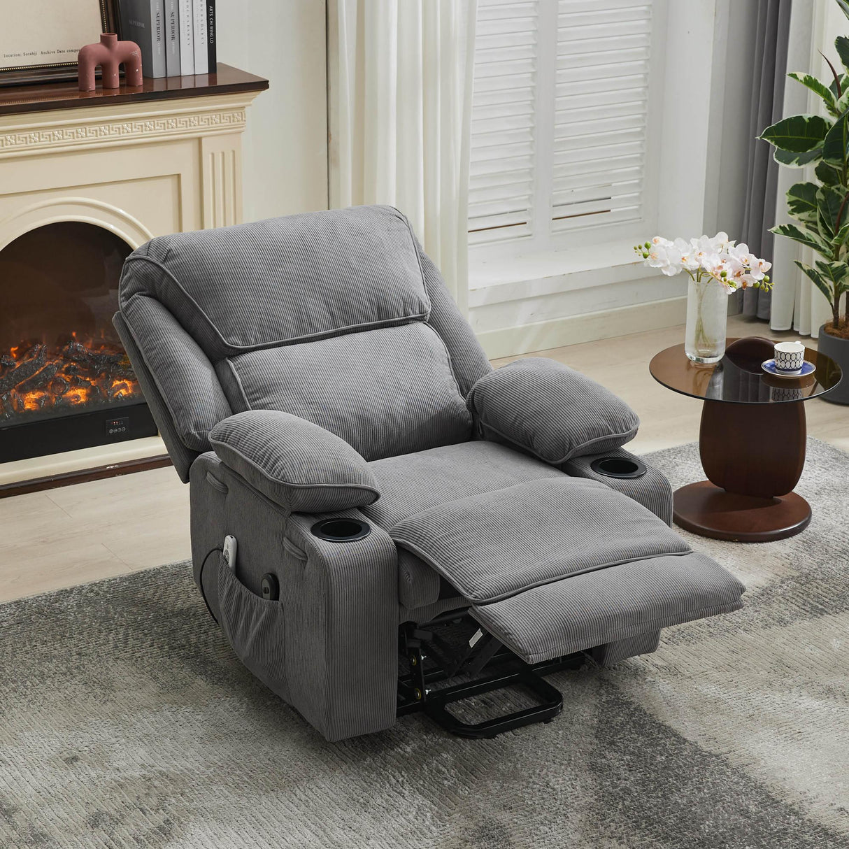 Medium-Firm Corduroy Remote-Controlled Heating Massage Recliner - Omega Lifestyles