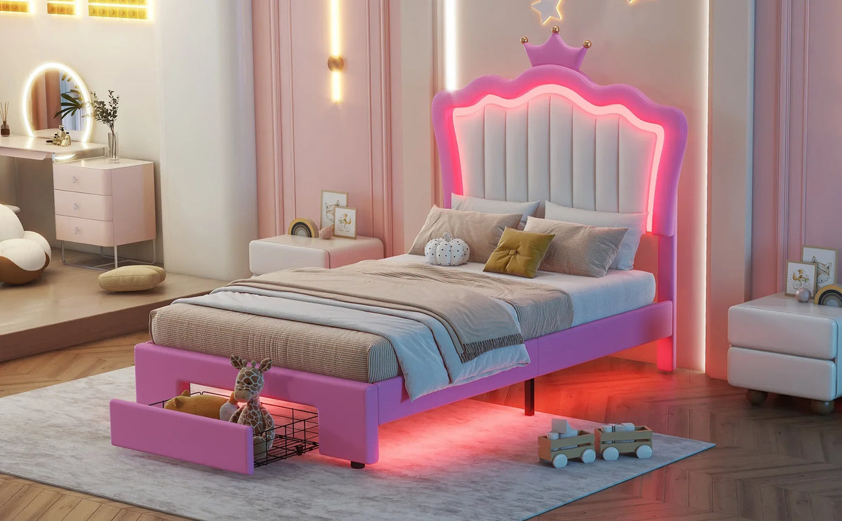 Twin Upholstered Bed Frame With LED Lights And Storage - Omega Lifestyles