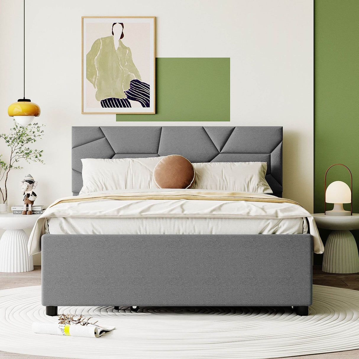 Full Upholstered Platform Bed With Twin Trundle - Omega Lifestyles