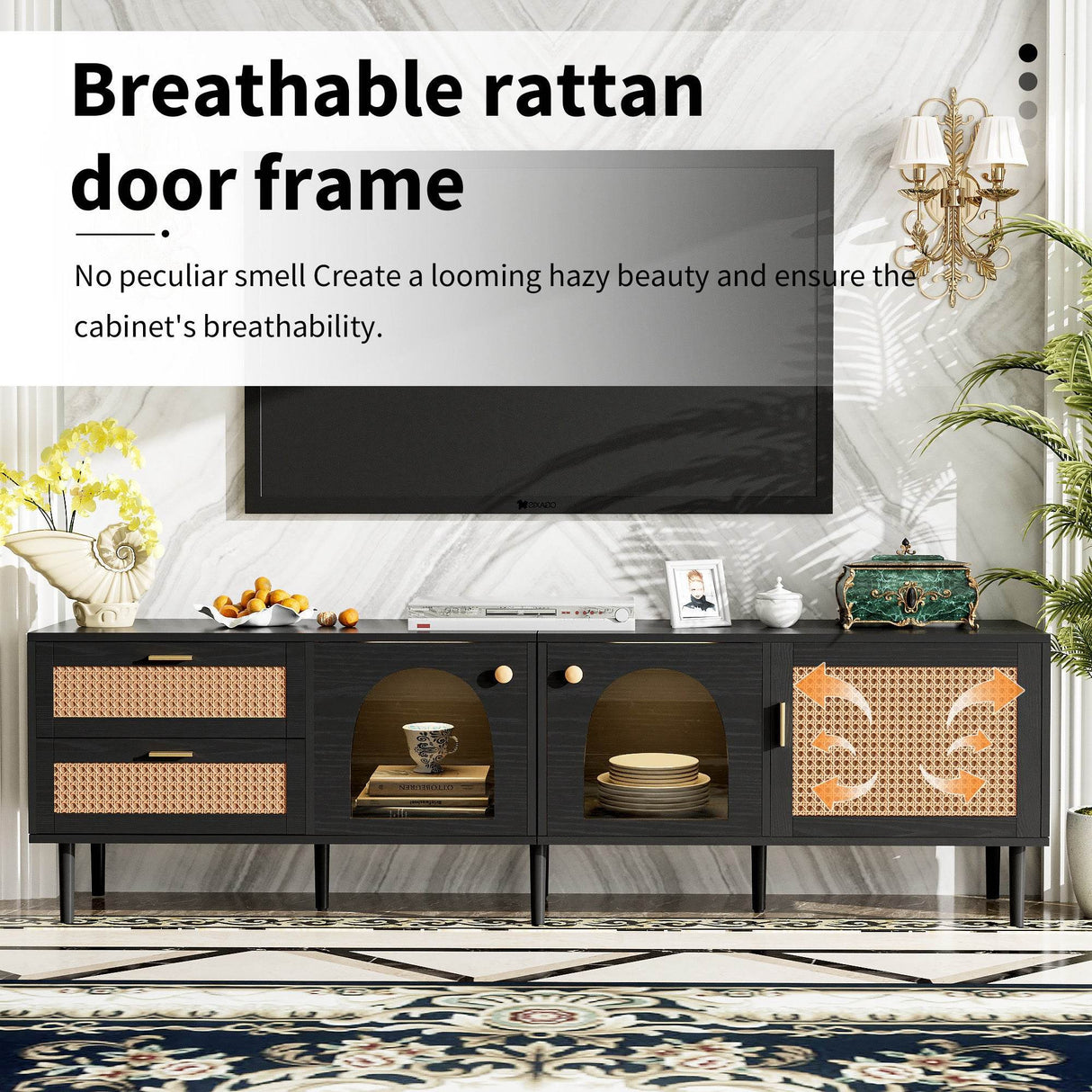 Modern Rattan-Inspired TV Stand With Storage Cabinets - Sleep Galleria